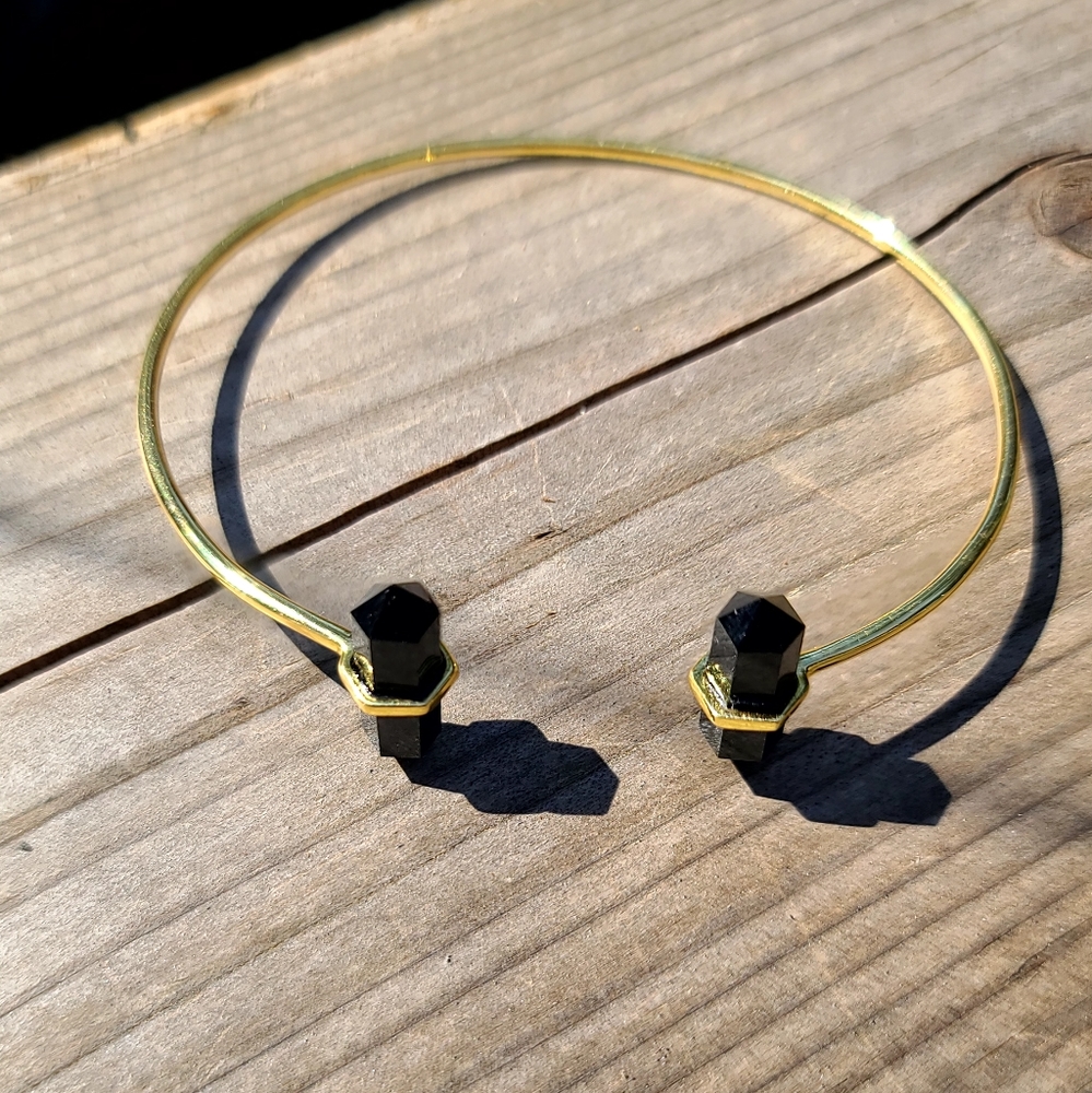 Black Onyx dual points gemstone Sterling &Gold bangle - Picture 3 of 7